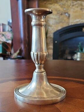 English Brass Candlestick Ribbed Baluster Stem Solid Heavy Beautiful VTG Patina